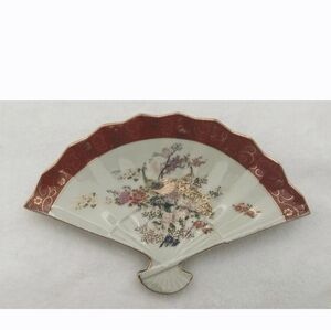 Decorative Fan-Shaped Plate with Floral Design Vintage Satsuma Hand Painted